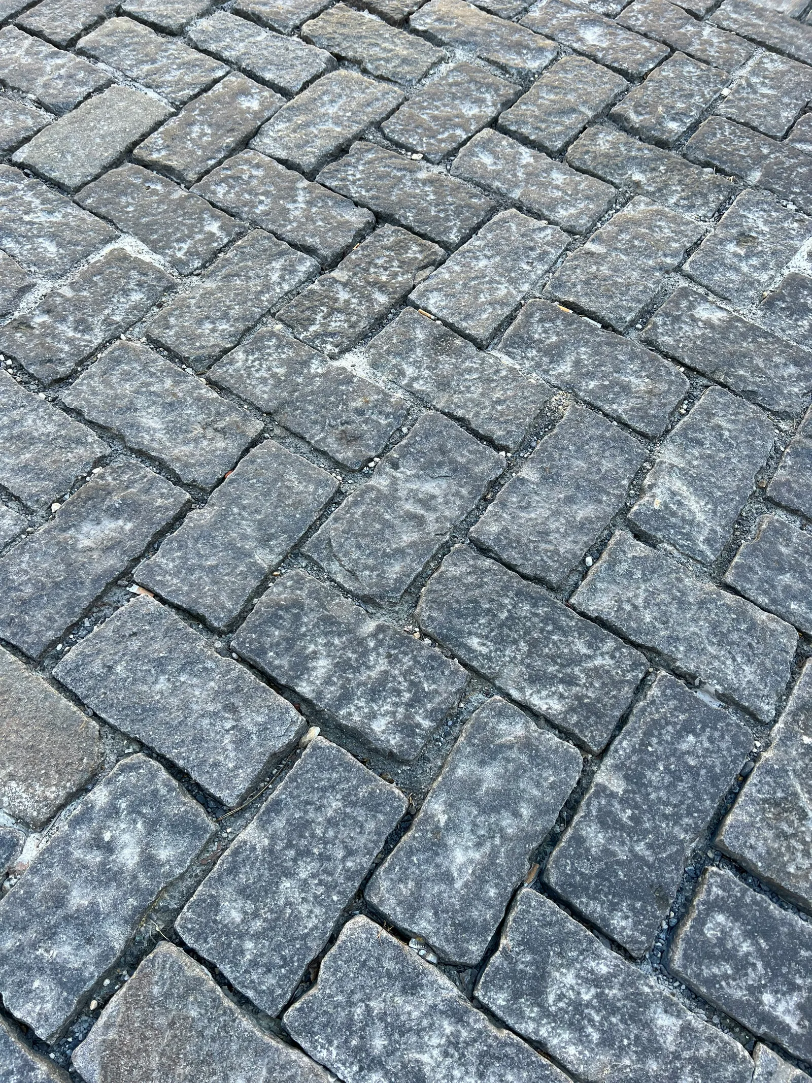 Herringbone pattern paver patio with natural stone border