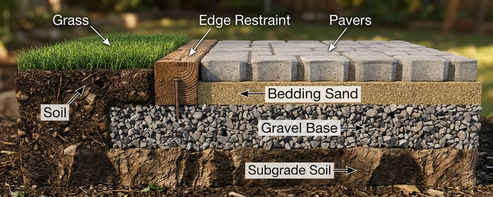 Paver patio guide diagram showing the complete installation cross-section from base to surface