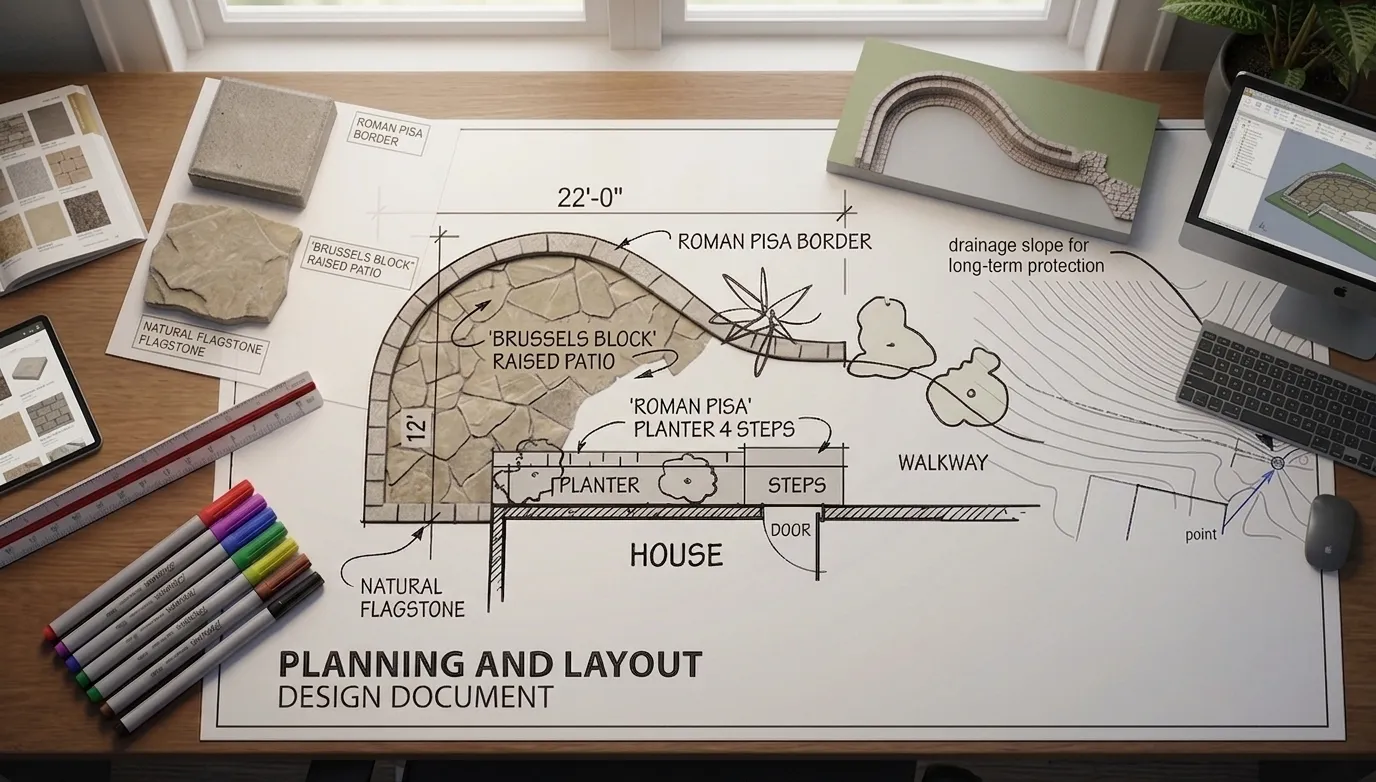 Paver patio planning and layout blueprint diagram showing the staked-out footprint